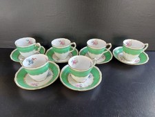 Antique White/Green/Gold/Floral Crown Staffordshire 6 Demitasse Cups & Saucers