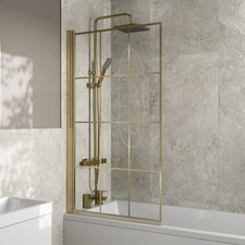 800mm Brushed Brass Grid Bath Shower Screen 6mm Glass Bathroom Hinged Framed