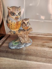 Beautiful Mother & Young Perched Short Eared Owls Porcelain Makers Mark No Box
