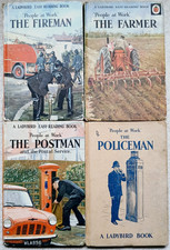 4 vintage 2/6 Ladybird books, People At Work - Fireman Policeman Postman Farmer
