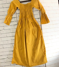 Prairie Dress Mustard Cottagecore Long Puff Sleeve Square Neck Smocked Bodice S