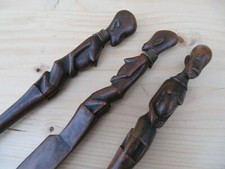 Vintage African Wooden Serving Knife Fork and Spoon with Carved Tribal Figures