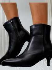Women Ankle Boots Faux Leather  Black Low Heel Kitten Zip Booties Pointed Toe