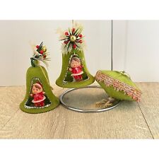 Vintage lime green flocked diorama baubles with elves + matching lantern shaped