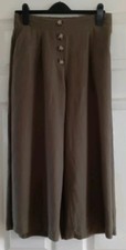 Dark Khaki Cropped,  Elasticated Waist Linen Blend Trousers Size 10