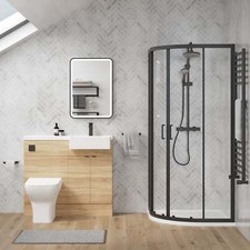 Complete 1000mm Oak Vanity WC Unit Black Offset Quad Shower Suite LH 1200x900