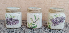 3, Shabby Chic Hand Decorated Recycled Glass Jars - Lilacs - Vase/T-light/Gift