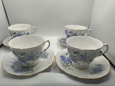 Vintage Bone China Royal Vale 4x Tea Cups and Saucers Blue Floral Pattern
