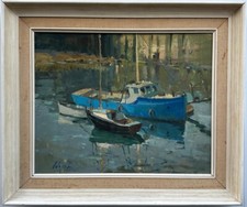 Edward Wesson (1910-1983) : "Moored Boats on a River", signed oil on board