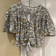 TopShop tiger puff sleeve button front tie waist women size 4 NWT