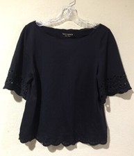 Kate Spade Scallop Border Knit Tee Top Eyelet Black Cotton Sz S Oversize B7