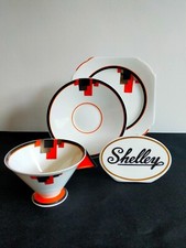 Shelley Vogue Red Blocks Teacup Trio VGC