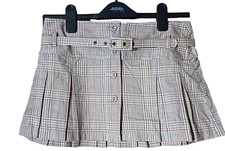 Topshop Skirt Small Beige Buttons Belt Hipster Check Pleated Size 8