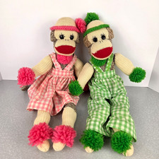 Vintage Handmade Sock Monkey Pair Plush Stuffed Animal Toy Pink Green Outfit 17"