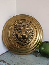 Antique Reclaim 19th C Large Brass Lion Head Plaque Wall Convex Circular 3D Vtg