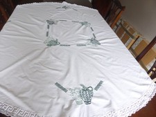 Large white and green  round embroidered tablecloth - 66 inch dia