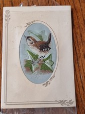 Small Embroidered Picture Of A Wren Bird In An Oval Shaped Card.