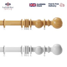 Wooden Curtain Pole Set 35mm Beech Rod with Finials, Rings & Brackets
