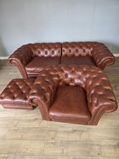 3 Piece Leather Chesterfield Suite with Ottoman and Club Chair