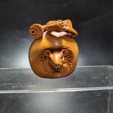 1 + 1/2 "Hand Carved Boxwood Netsuke : Lovely Mouse in Apple Signed on base
