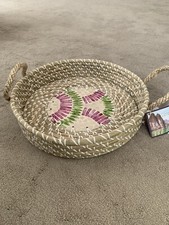 Sweetgrass Large Tray Sea Shell Inlay Double Handle Rattan Weave Handmade Beach