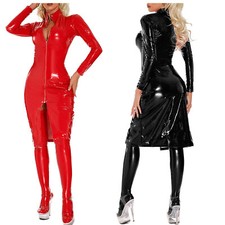 Womens Bodycon Dancing Dress Sexy Patent Leather Long Sleeve Costume Pole Adult