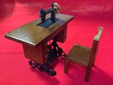 Dolls House oak-effect wooden sewing table with machine & chair 1:12 scale