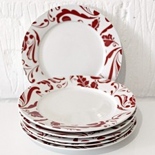 Red Damask Side Plates |  White Porcelain 6 Pieces Excellent Condition