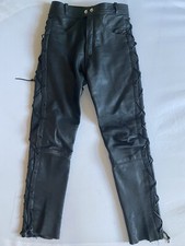 Black Leather Motorcycle Trousers Bikers Side Laced Motorbike Jeans Size 26 