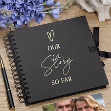 Our Story So Far Love Themed Black Scrapbook Guest Book Photo album Gold Script