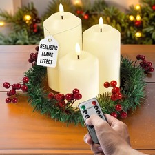 3-Pack Flickering Flameless LED Candles with Christmas Decorations Berry Wrea...