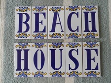 15cm x 7.3cm (Large) Hand Painted Spanish Blue Yellow LETTER Tiles House Door 