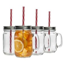 4x Mason Drinking Jar Glasses with Straws Retro Cocktail Serving Jug 450ml