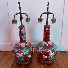 Pair of Antique Ceramic Lamp Light Bedside Oriental Painted Floral Wood Chinese