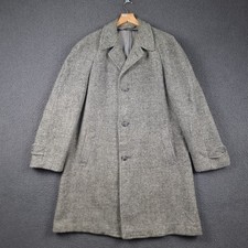 Vintage HARRIS TWEED Coat Mens XL Grey Long Overcoat Pure Wool 80s