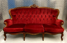 Beautiful French Vintage Walnut red Rococo Baroque ornate tufted 3 seat sofa