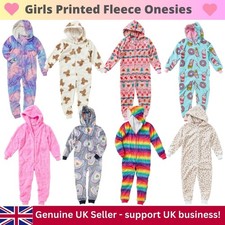 Girls Fleece 1Onesie Onezi Printed Jumpsuit Playsuit Hood Sleepover Hearts Teddy