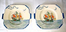 ⚓ Pair of Vintage Art Deco Coronet Ware Plates – Parrot & Co. – Nautical Ship 