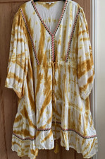 Monsoon White Mustard Tie Dye Smock Kaftan Style Beach Dress, Size XL (20) 22-24