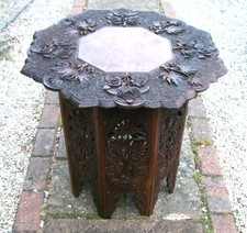 LARGE BEAUTIFULLY CARVED ANTIQUE  OCTAGONAL FOLDING   INDIAN   SIDE TABLE