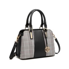 Stylish Faux Leather Tote Handbag with Gingham Plaid Panel Fashionable Ladies