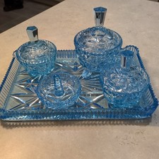 👀 OPEN TO OFFERS Vintage Blue Glass Art Deco Dressing Table Vanity Set