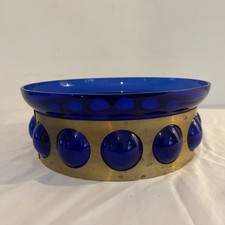 Vintage Felipe Derflingher Imprisoned Caged Brass & Cobalt Blue Glass Large Bowl