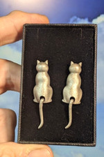 JJ Jonette Jewellery Vintage Cats Dangle Tail Ear studs, Pewter, in Box.