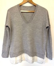 The White Company Grey Wool Knit Top, Jumper, 100% merino, silk trim, Size 8