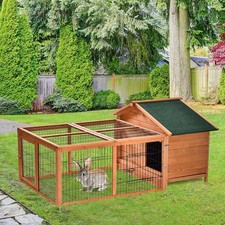 Wooden Rabbit Hutch, Guinea Pig Hutch Outdoor Cage w/ Run & Tray, Lockable Door
