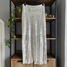 Zara Sequin Midi Maxi Skirt L 12 White Shimmer Straight Worn Once