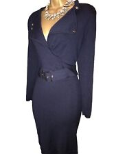 Karen Millen Size UK 12 14 RARE NAVY BLUE MILITARY BELTED JUMPER DRESS