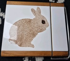 Vintage Wood / Wooden Rabbit / Hare tile cheese board wire cutter. Kitchen
