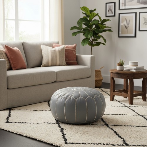 Prefilled brown leather pouf - brown,